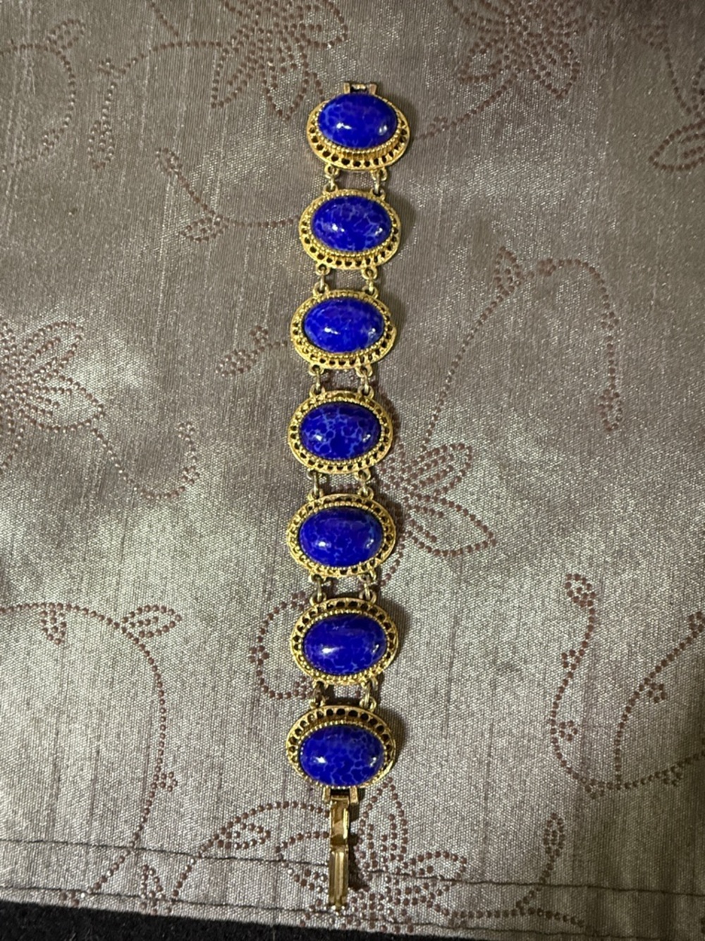 Elegant Gold Tone with Lapis Lazuli Cameo Oval Stones Bracelet